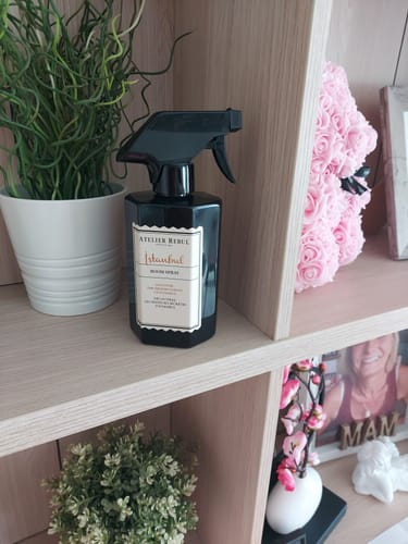 Recensent toont de Istanbul Room Spray op een lichte houten plank naast een plant.