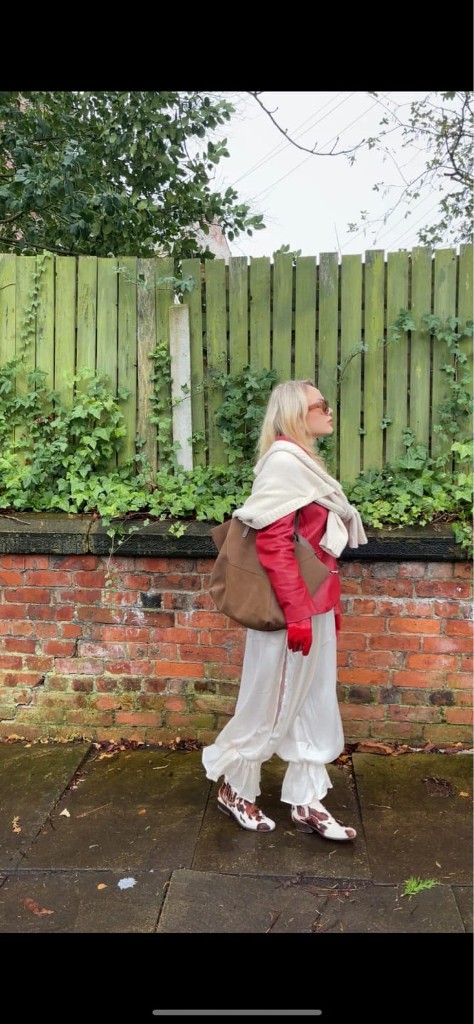 Customer photo review of Beatrice Sheer Elastic Waist Flare Trousers
