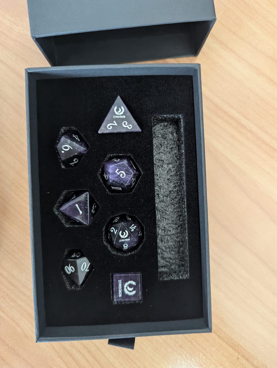 Customer photo review of URWizards Custom font style for dice, Custom initial on Dice, Dnd Natural Gemstone Dice MTG Game