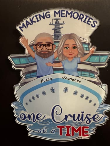 Customer's beautiful personalized cruise ship door magnet with a cartoon couple waving from a ship.