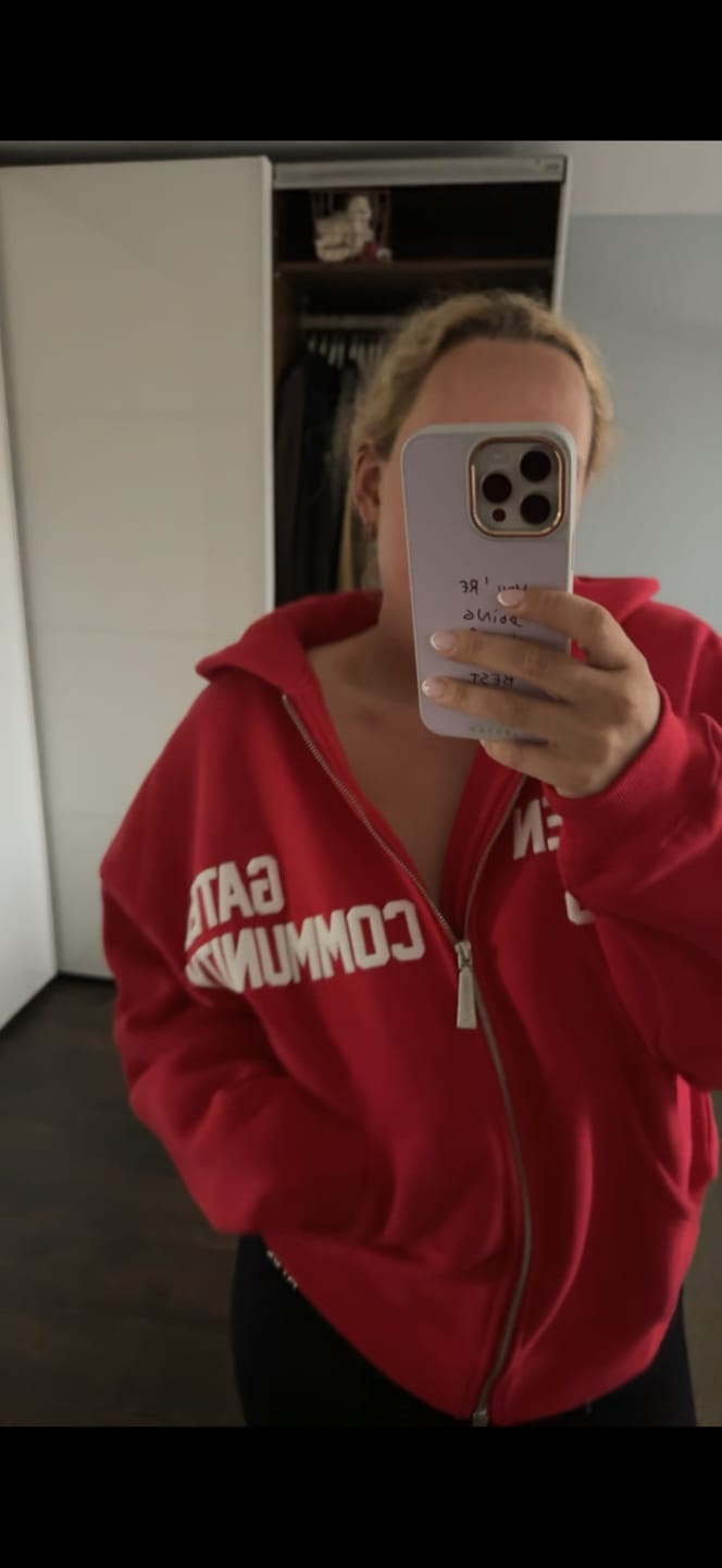 Customer photo review of the GATED COMMUNITY ZIP HOODIE in RASPBERRY RED