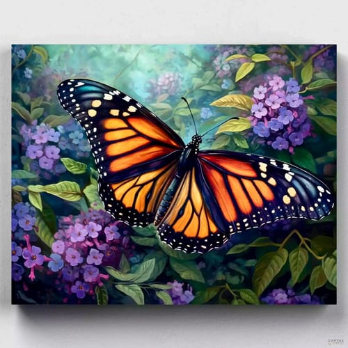 Customer's completed paint-by-numbers artwork of a vibrant butterfly on a canvas surrounded by purple flowers.