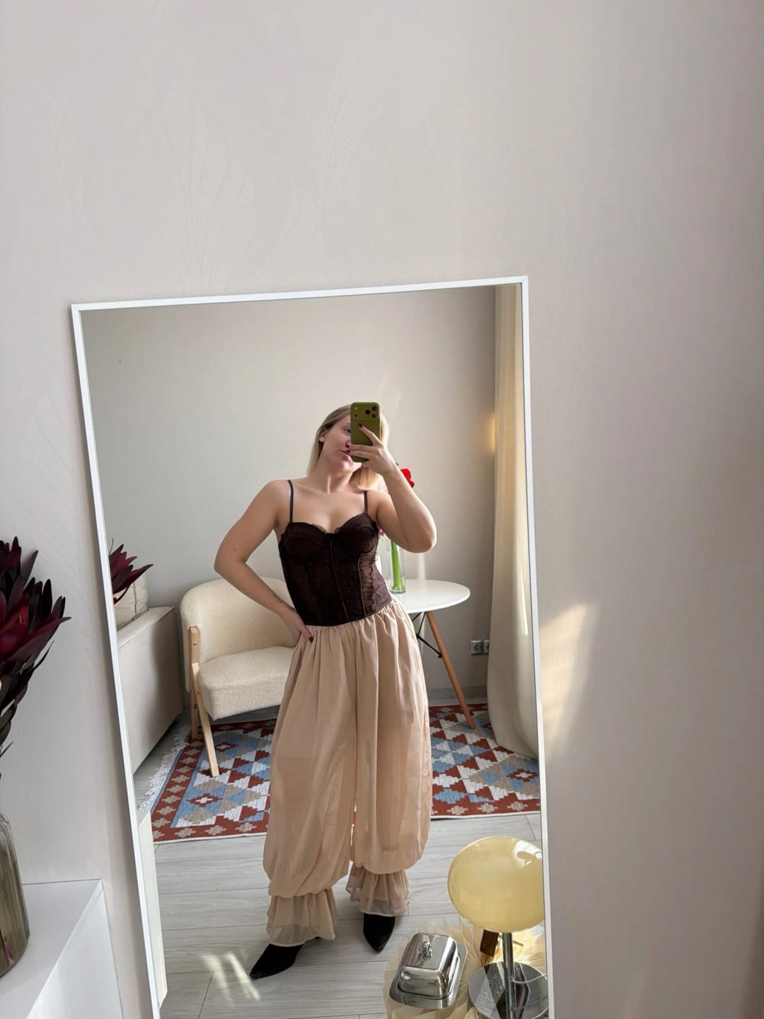 Customer photo review of Beatrice Sheer Elastic Waist Flare Trousers