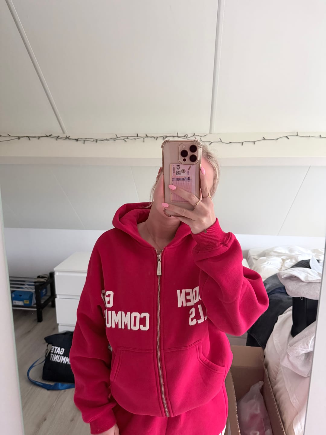 Customer photo review of GATED COMMUNITY STRAIGHT-LEG SWEATPANTS IN RASPBERRY RED