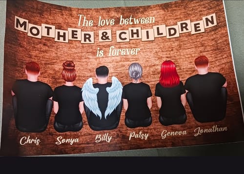 Customer's personalized poster showing a family from behind, with one person depicted with angel wings as a memorial.