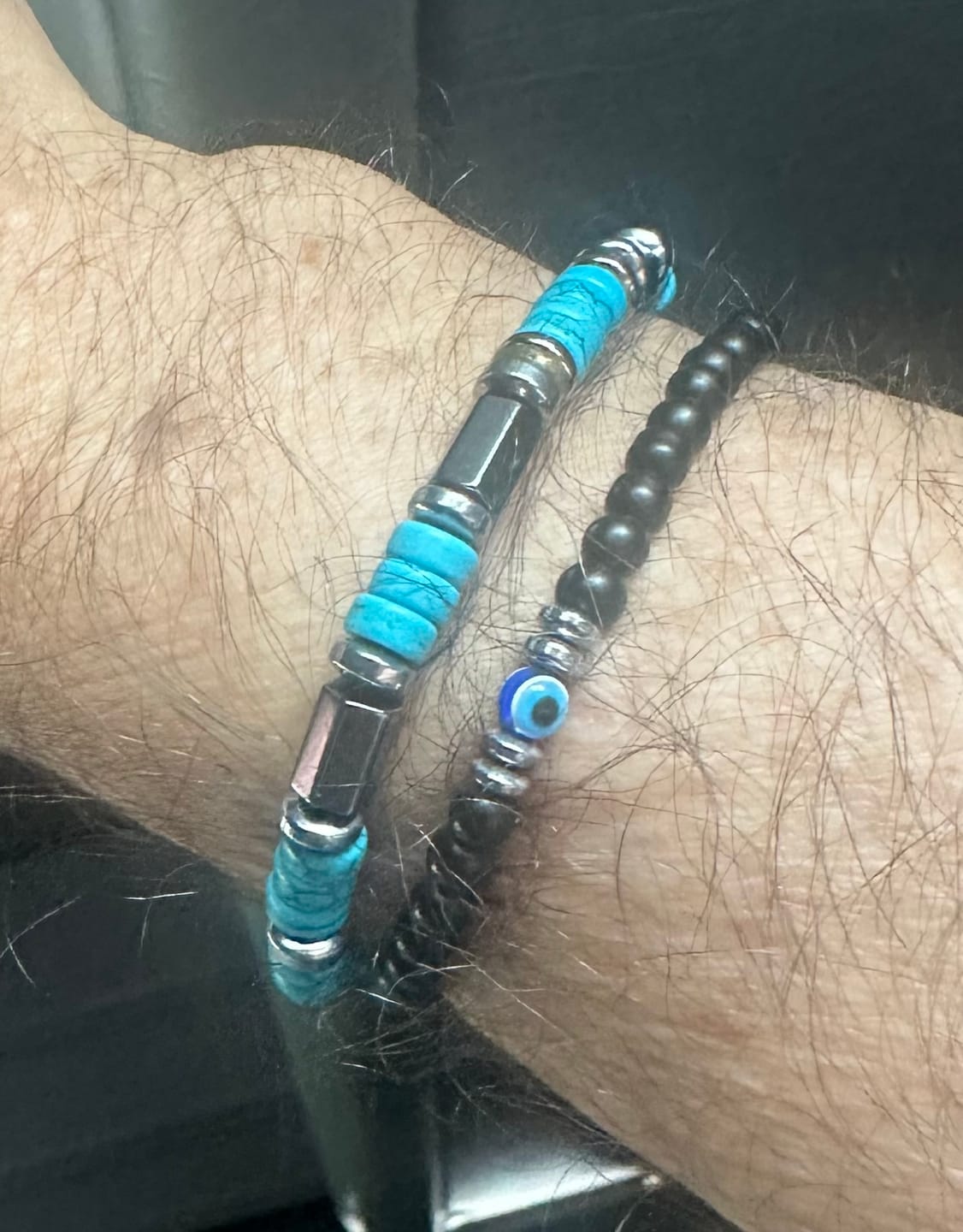 Customer photo review of Men’s Hematite & Turquoise Bracelet – Natural Stone Grounding Jewelry for Strength, Focus & Protection