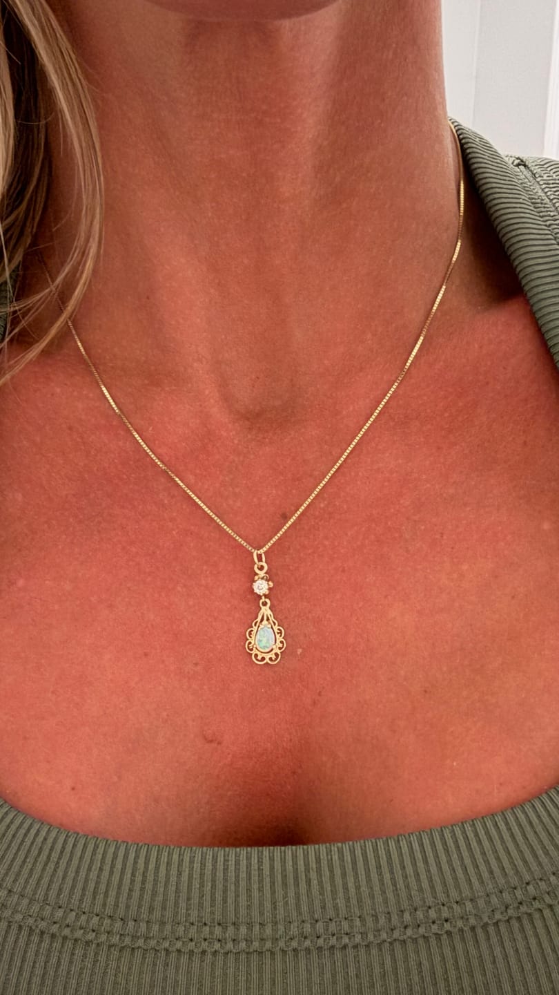 Customer photo review of Vintage 14k Yellow Gold Opal Old Mine Cut Diamond Filigree Dangle Pendant