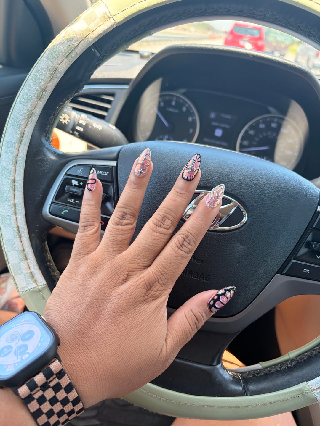 Customer photo review of Pink Chrome Press-On Nails, Gothic Butterfly Cross Fake Nails with Vein Swirl Art