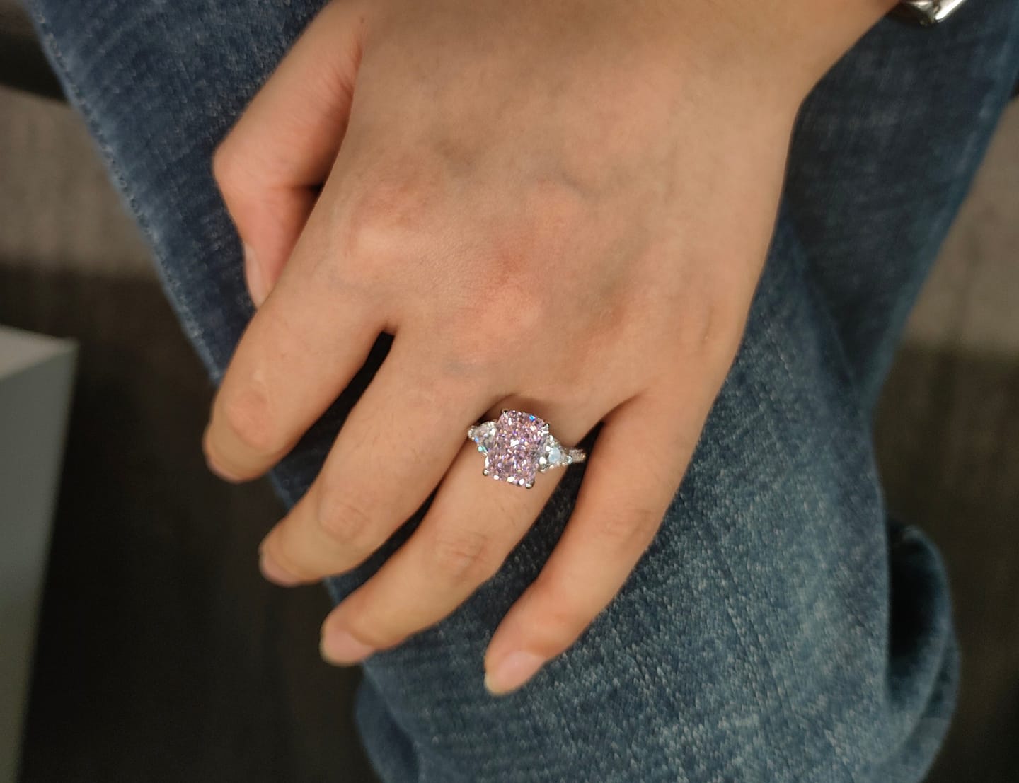 Customer photo review of S925 5.0Ct Pink/White Stone Radiant Cut Three Stone Engagement Ring Anniversary Ring For Women