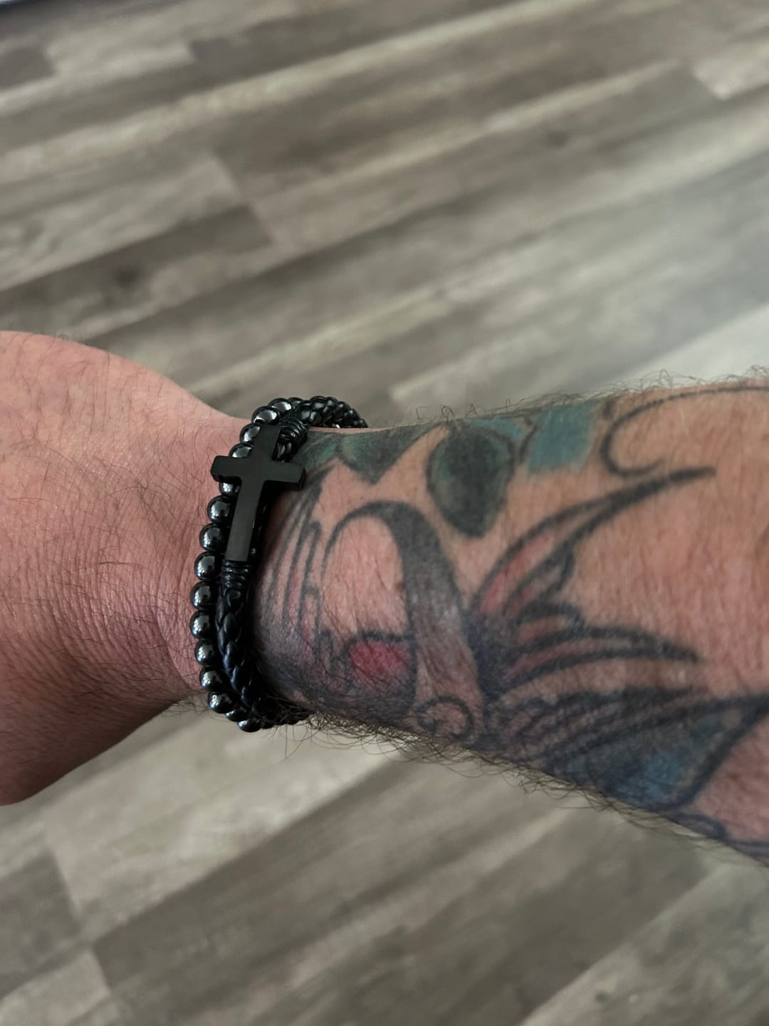 Customer photo review of 35% Off Early Bird Father's Day Offer- FIDES Cross Leather & Magnetic Titanium Bead Bracelet