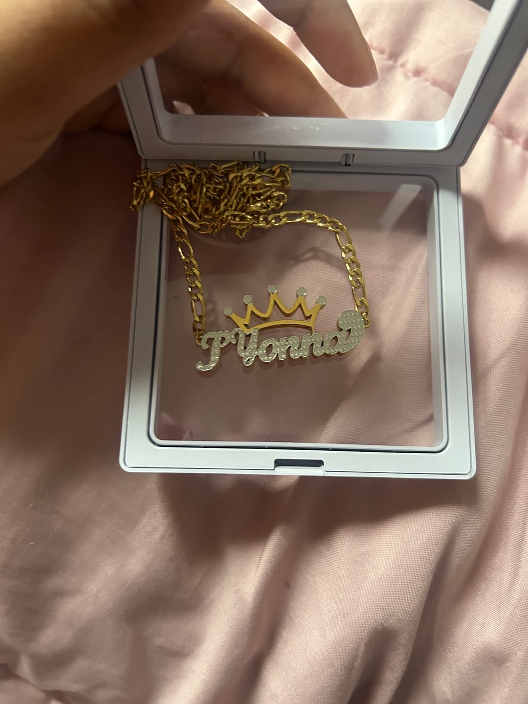 Customer photo review of Double Plated Crown Name Necklace w/ Figaro Chain