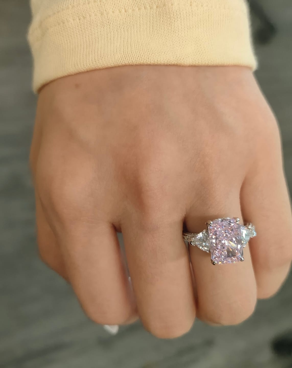 Customer photo review of S925 5.0Ct Pink/White Stone Radiant Cut Three Stone Engagement Ring Anniversary Ring For Women