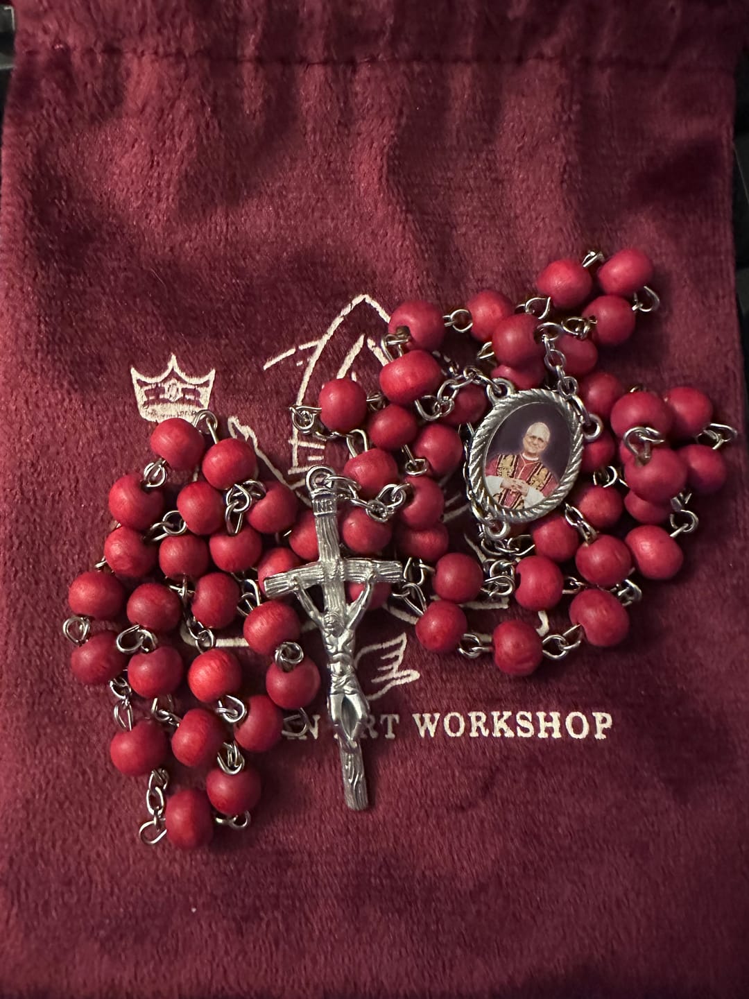 Customer photo review of FREE Today: Pope Leo XIV Red Wood Beads Rosary Commemorating: A Spiritual Treasure