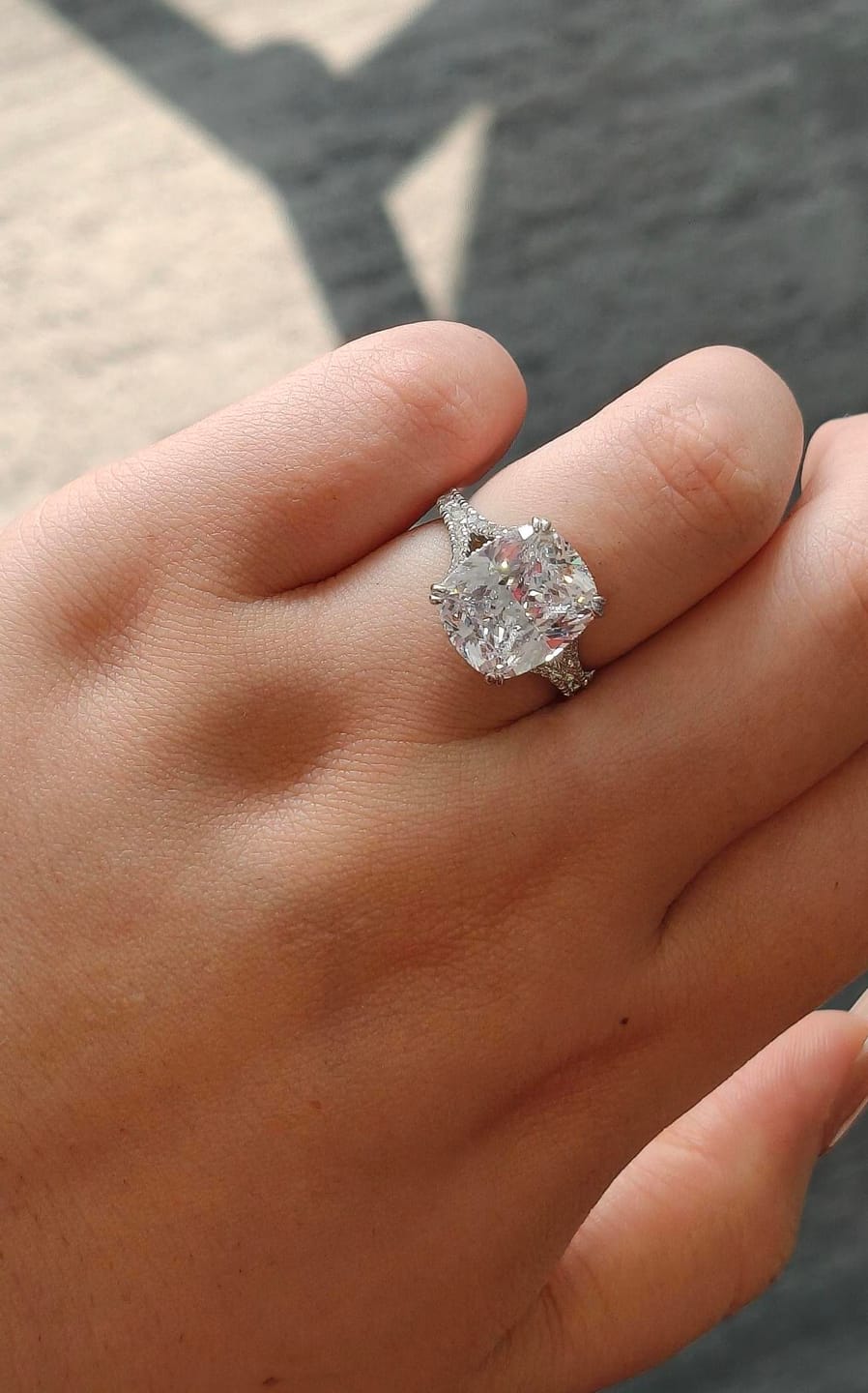 Customer photo review of S925 7.0Ct/4.0Ct Split Shank Cushion Cut Engagement Ring 18K White Gold Plated Travel Rings with Pavé Accents