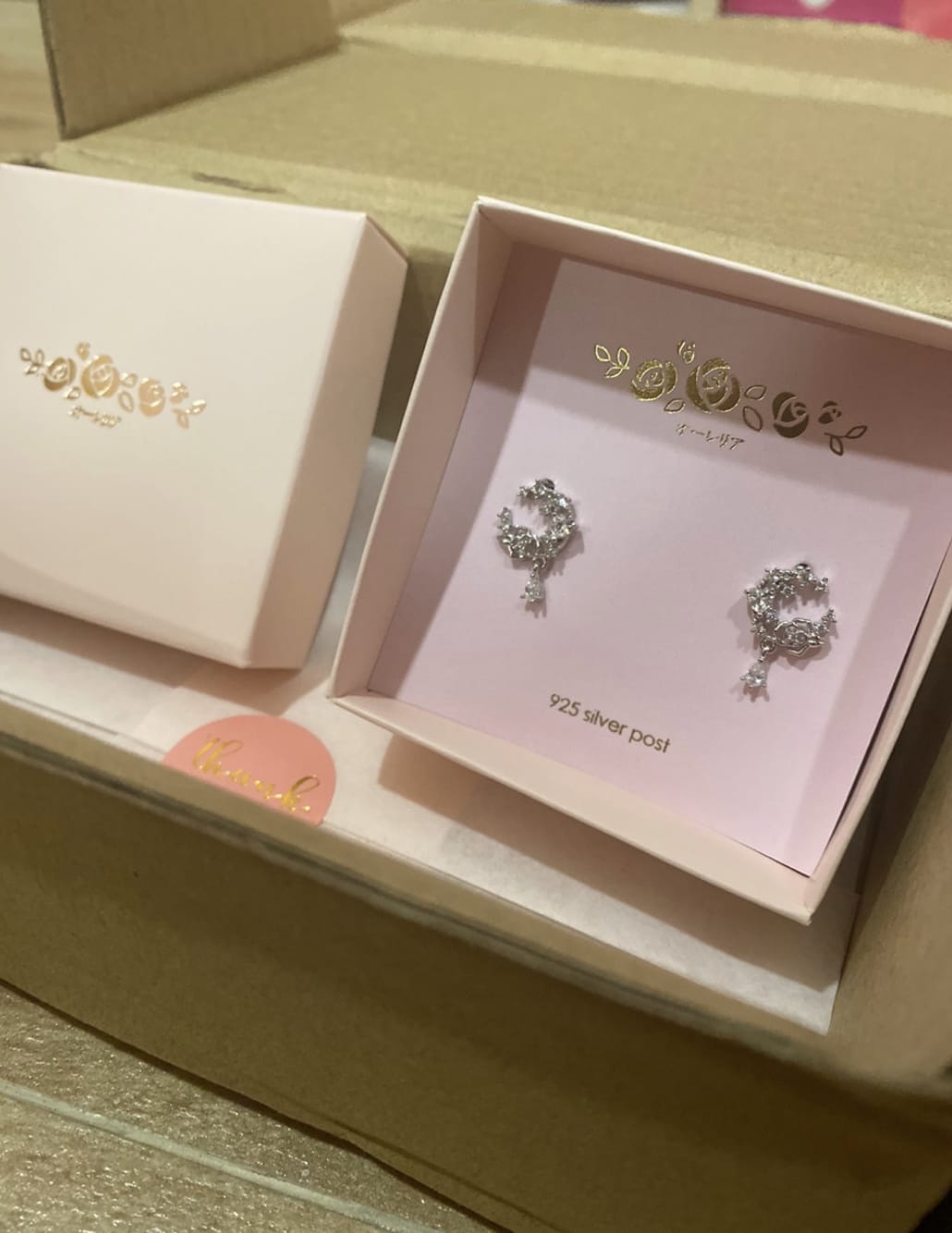 Customer photo review of Silver Love Moon Rose Earrings
