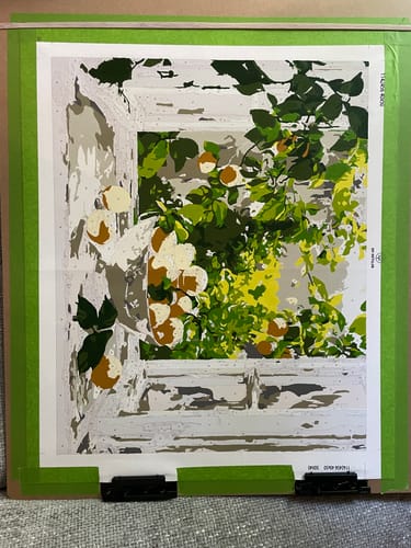 Customer's 'Lemon Bowl at the Window' paint-by-number canvas, partially completed, showing the image taking shape.