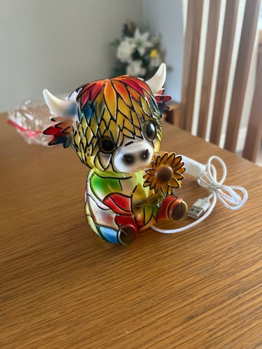Customer's colorful Highland Cow LED Night Light unlit on a table, showing its patchwork design and USB cord.