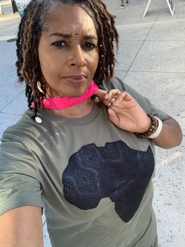 Customer photo review of "Diaspora" Black and Beige Tee