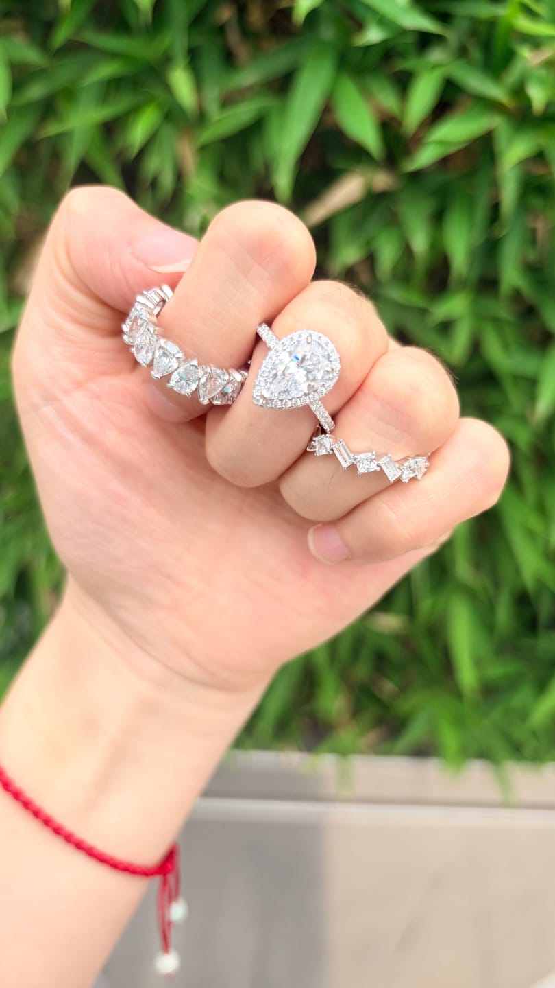 Customer photo review of S925 2.2 Carat Halo Pear Cut Wedding Ring Set With Two Luxurious Wedding Bands For Women