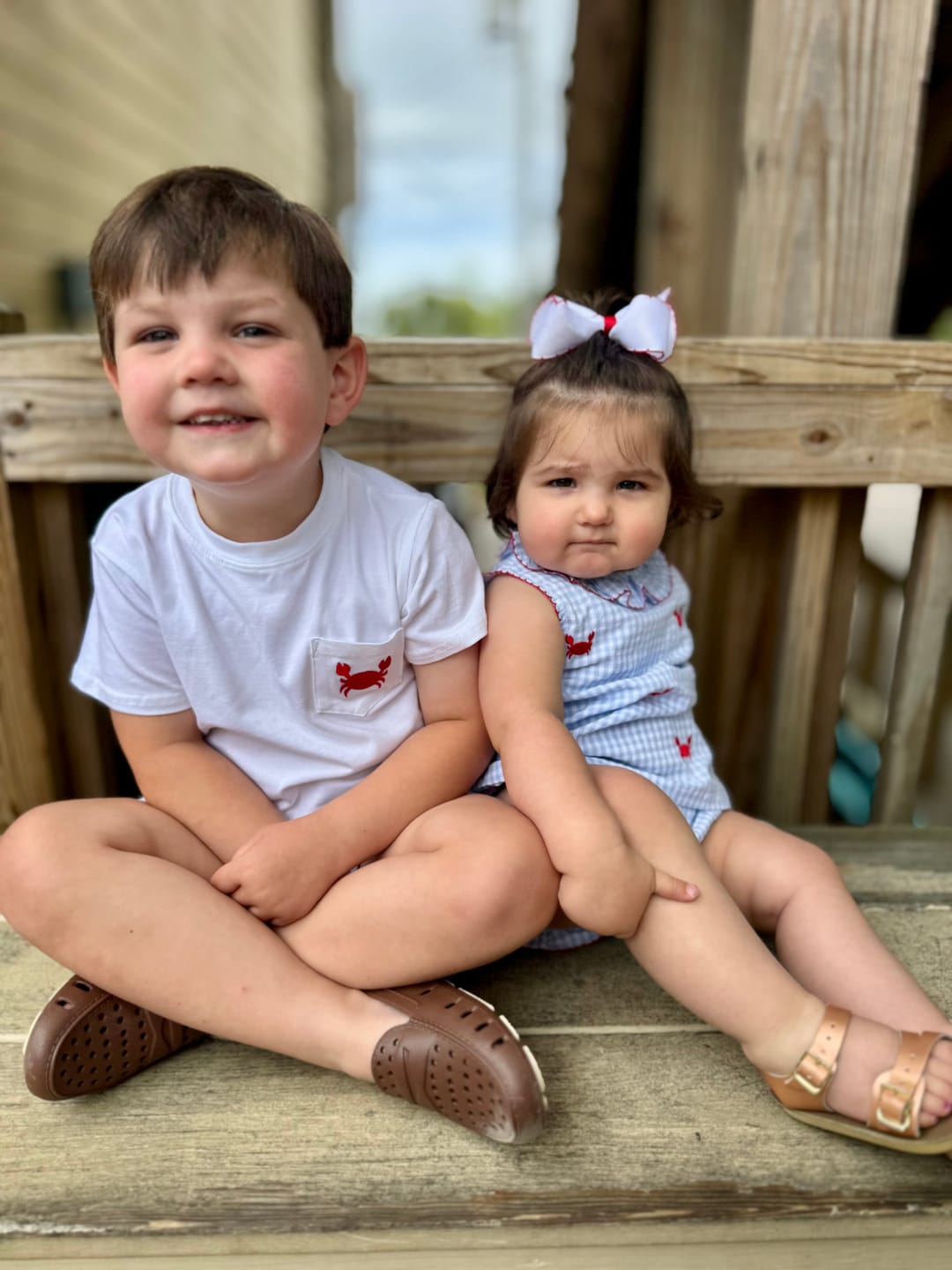 Customer photo review of Crab Schiffli Blue Gingham Ruffle Collared Bloomer Set