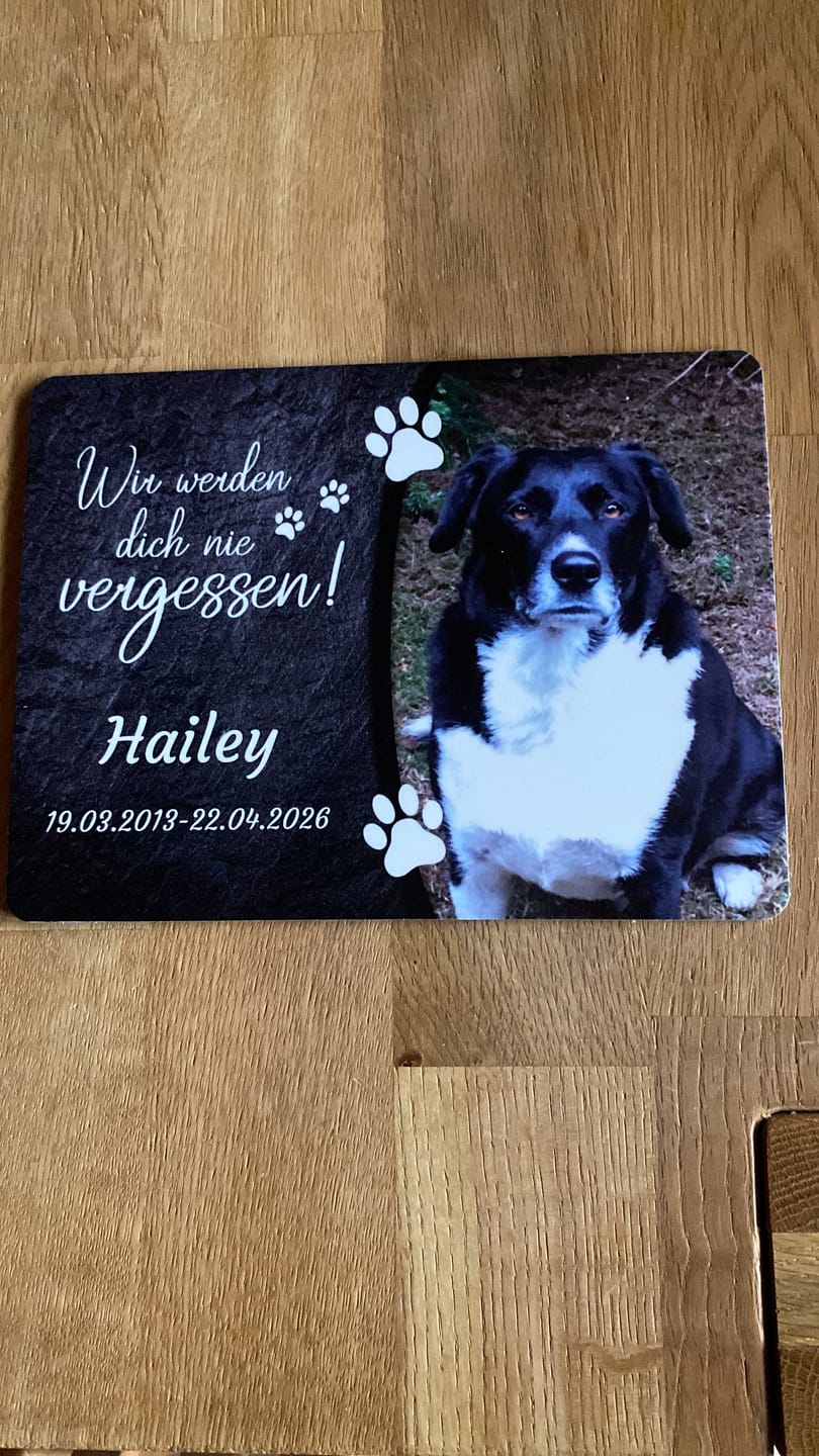 Customer photo review of Hunde Gedenktafel mit Foto & Spruch (UV- &  Wetterfest)