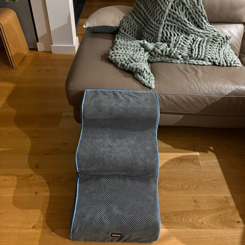 Customer's grey Dog Steps Adjustable Dog Ramp in ramp mode leading up to a leather sofa.