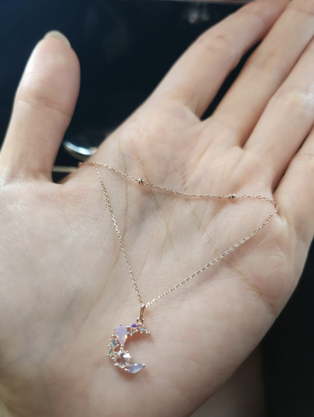 Customer photo review of Rose Gold Crescent Moonflower Necklace