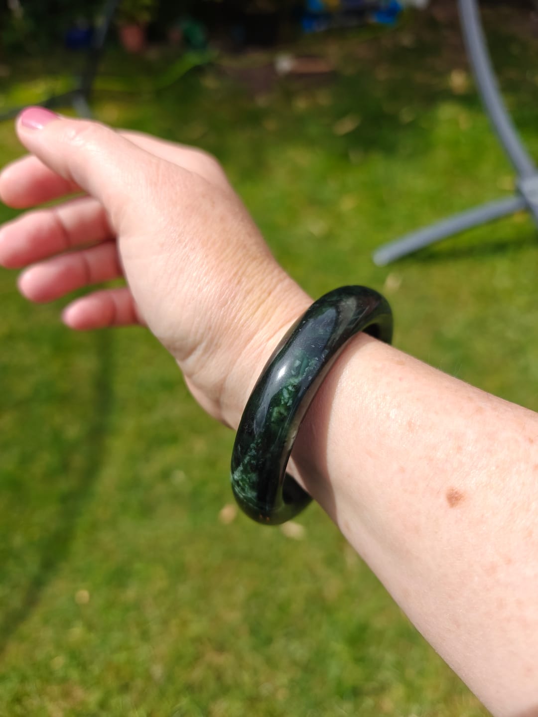 Customer photo review of Buddha Stones Nanyang Black-Green Jade Protection Cuff Bangle Bracelet