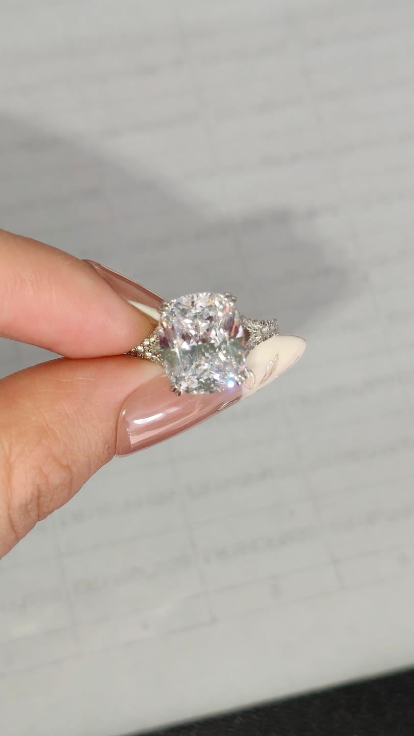 Customer photo review of S925 7.0Ct/4.0Ct Split Shank Cushion Cut Engagement Ring 18K White Gold Plated Travel Rings with Pavé Accents