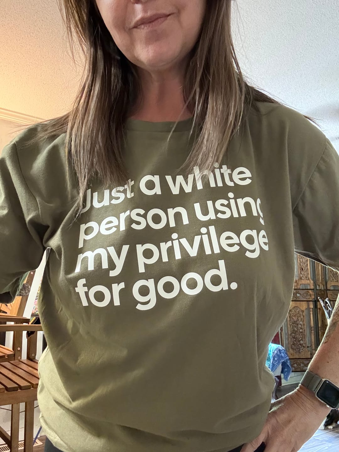 Customer photo review of Just a White Person Using My Privilege for Good Unisex Tee