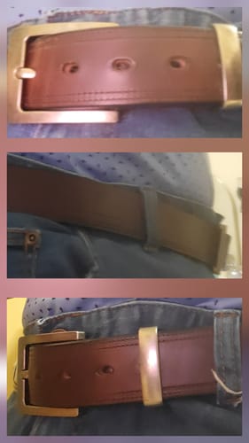 Customer's collage showing different angles of the brown Old World Harness belt worn with jeans, highlighting the buckle.