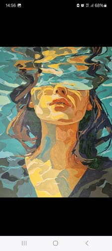 Customer's completed 'Under' Paint by Number artwork, showing a person's face partially submerged in colorful, stylized water.