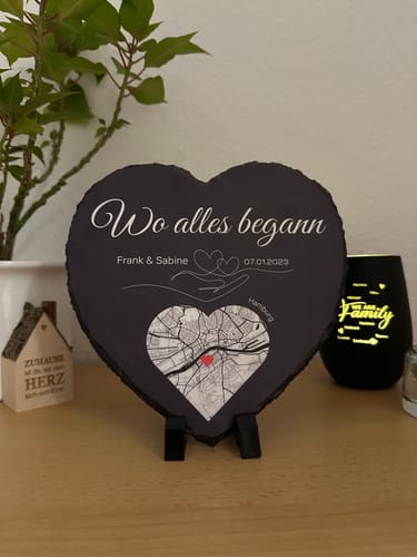 Kundenbewertung mit Foto zu Wo alles begann - Personalisiertes Schieferherz (15x15)