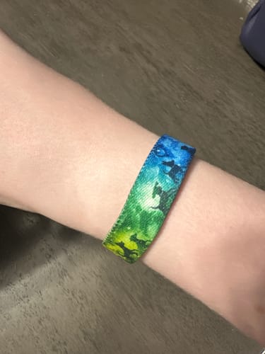 Reviewer's wrist wearing the Until We Meet Again Dog Bracelet, featuring a blue-to-green gradient design with dog silhouettes.
