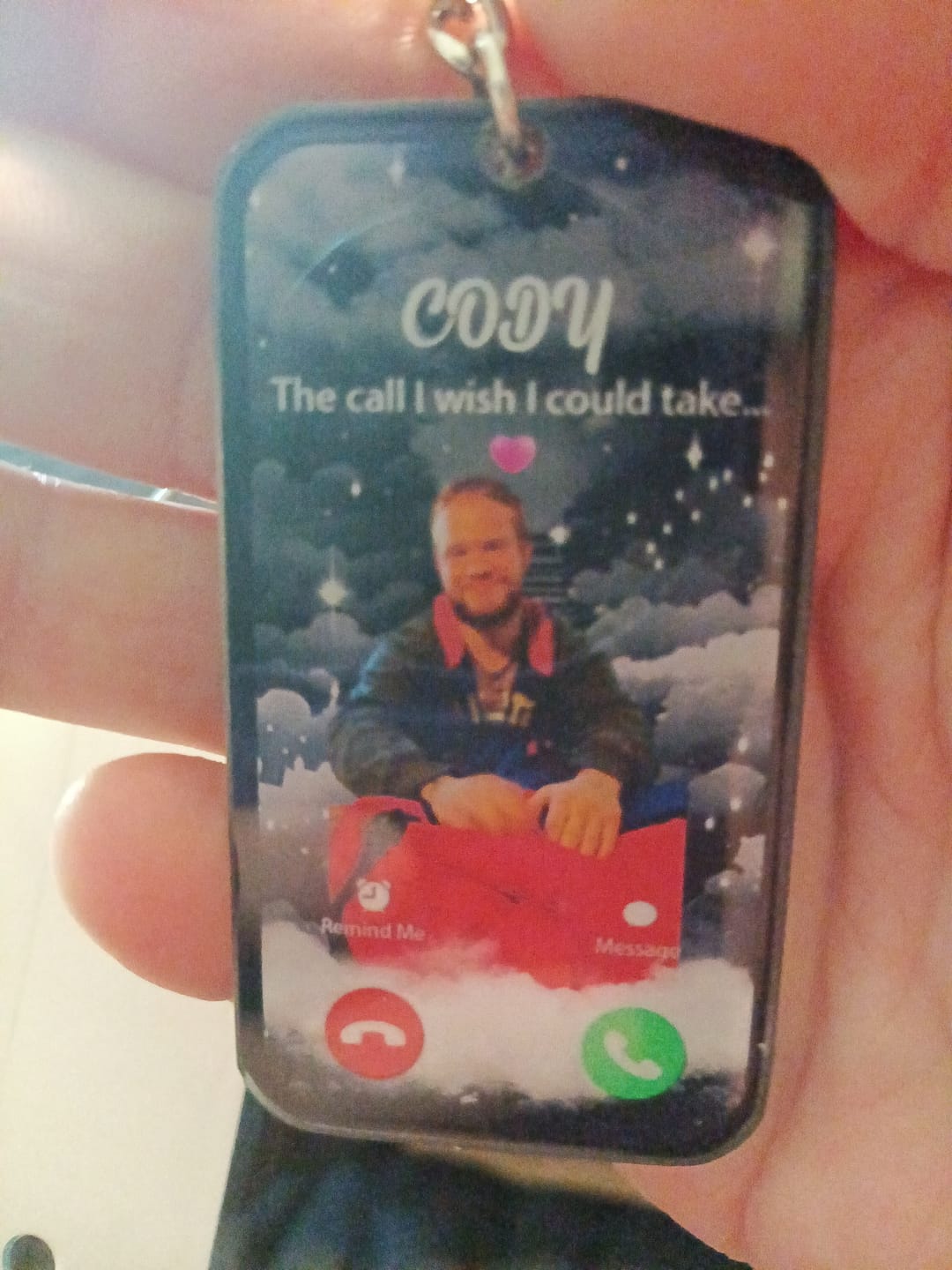 Customer photo review of The Call I Wish I Could Take Memorial Sympathy Gift Remembrance Keepsake Photo Personalized Acrylic Keychain