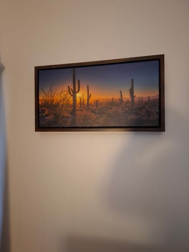 Customer's framed Tailored Boost canvas print showing a desert sunset with saguaro cacti, hanging on a plain wall.