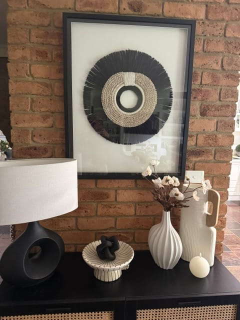 Customer photo review of African Shell Ring White & Grass Mat Black Handmade Linen Wall Art