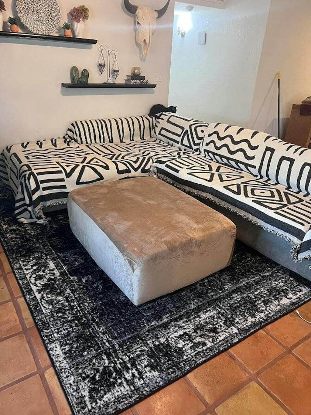 Customer photo review of Velvet Sofa Cover – Geometric Jacquard Protector
