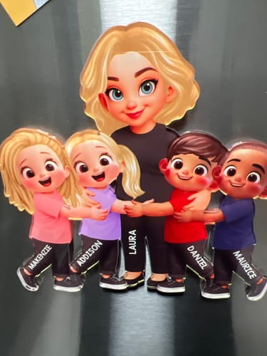 Customer's personalized acrylic magnet showing a grandma hugging four grandkids with their names printed on their clothes.