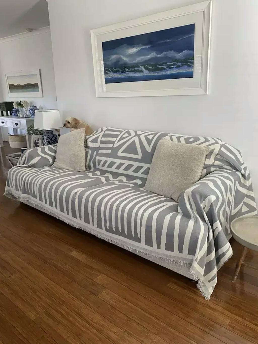 Customer photo review of Velvet Sofa Cover – Geometric Jacquard Protector