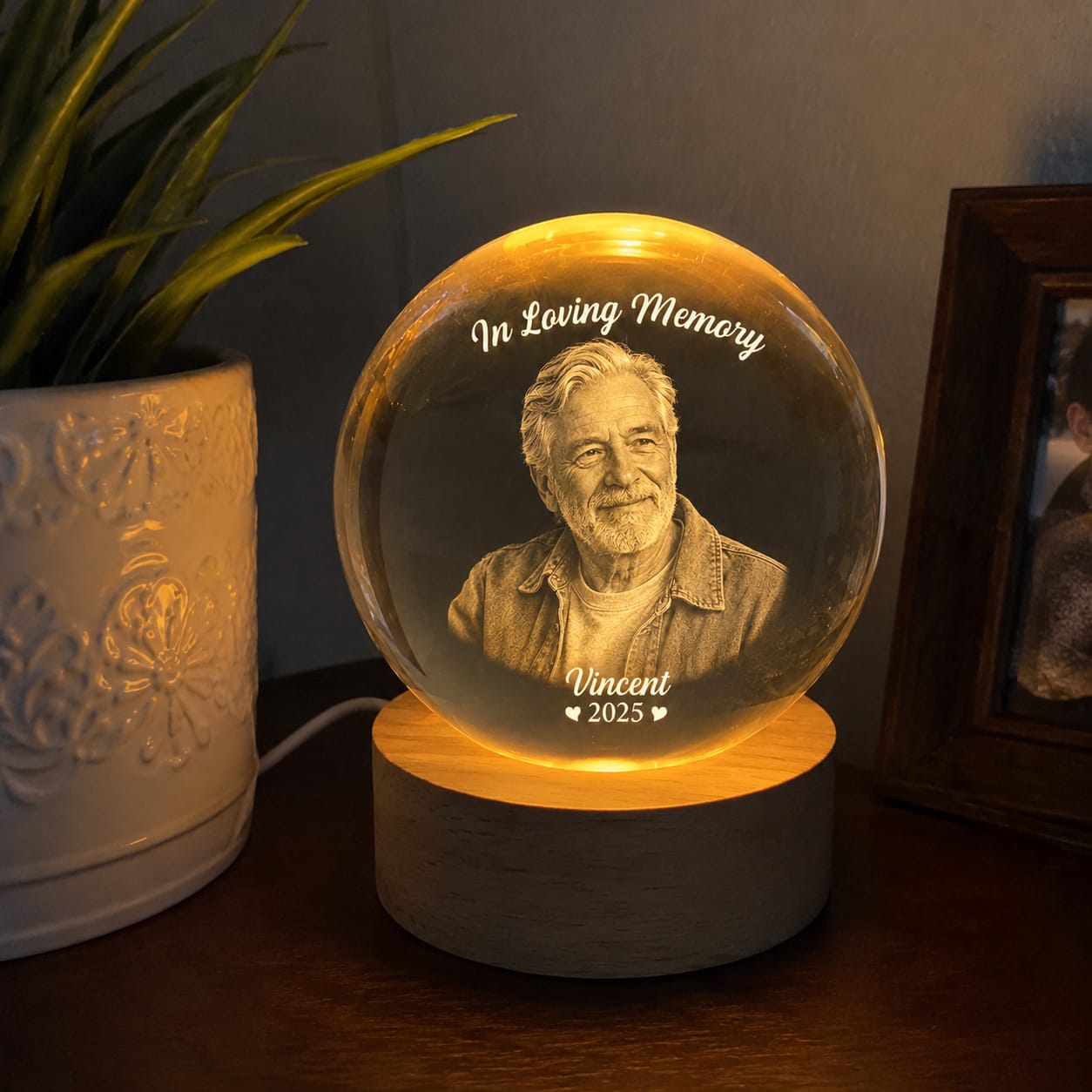 Customer photo review of Custom Photo Forever Loved Memorial - Personalized Crystal Ball LED Night Light - Memorial Gift for Loss of Mom, Dad, Grandparents