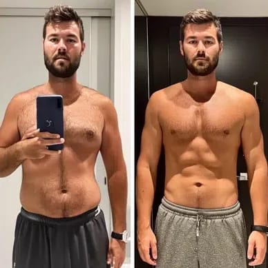 Customer's before-and-after comparison showing a leaner, more muscular physique after using Genotropin.