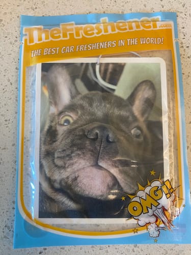 Customer's Custom Air Freshener with a French bulldog's face, shown in its original packaging.
