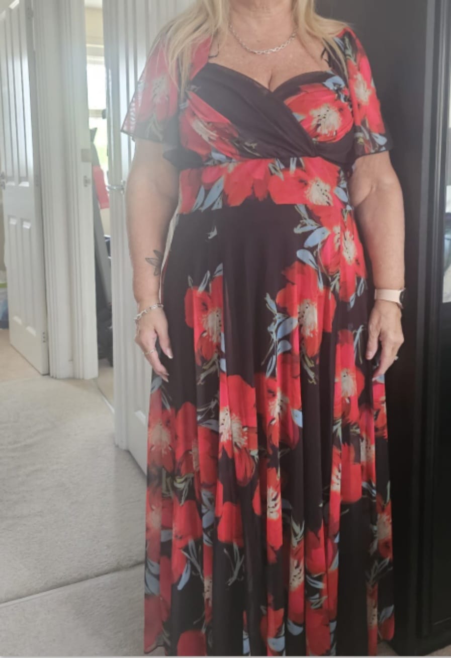 Customer photo review of Kemi Petite Scarlet Black Print Bolero Wrap Bodice Maxi Gown