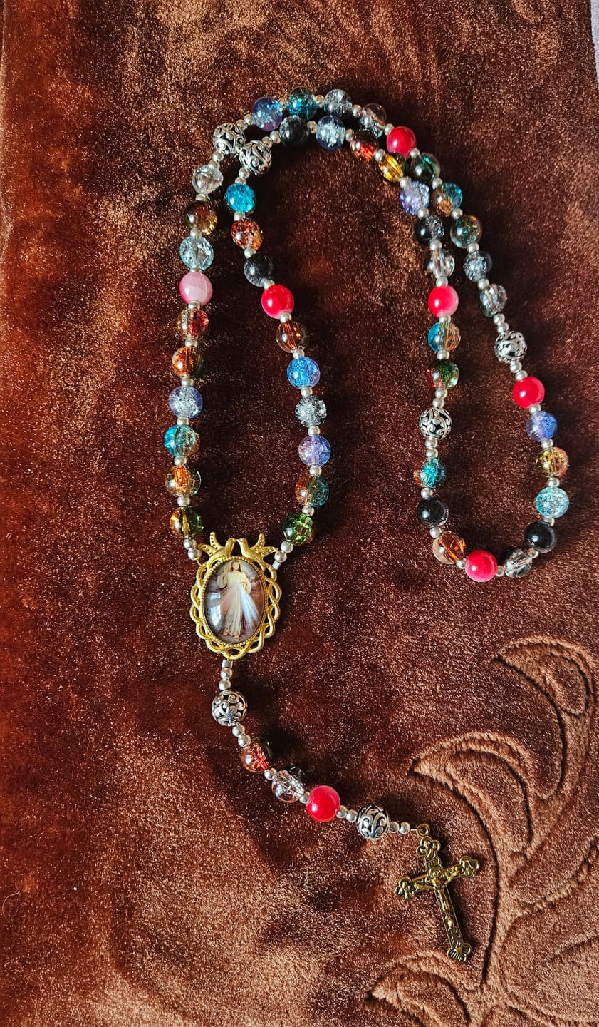 Customer photo review of FREE Today: Gradient Multicolor Glass Bead & Brass Crucifix Rosary with Divine Mercy Medal
