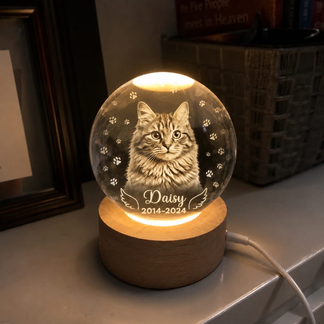 Customer photo review of Dog Angel Wings Memorial - Personalized Crystal Ball LED Night Light - Sympathy Gift For Dog Lovers