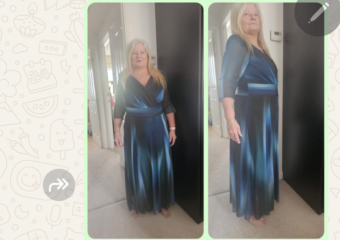 Customer photo review of Petite Verity Green Blue Ikat Print Maxi Gown