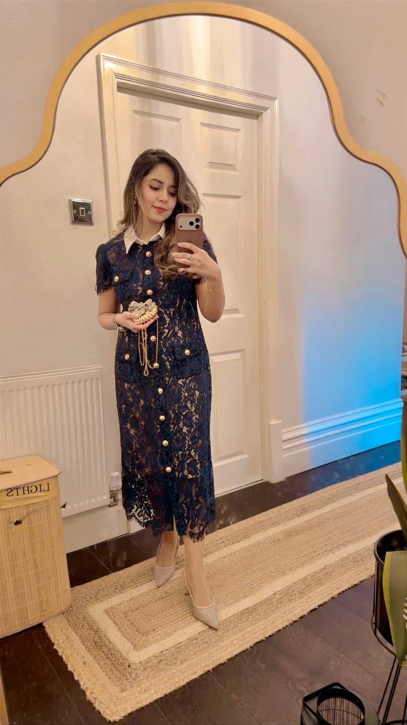 Customer photo review of Floral Lace Midi Dress with Tailored Collar and Belted Waist - Navy