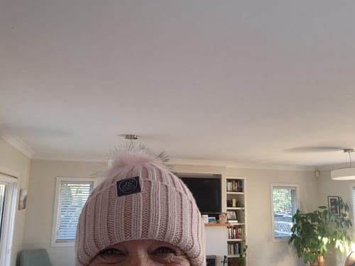 Customer photo review of Mulberry Silk-Lined Classic Ribbed Pattern Cashmere Beanie Hat With Removable Pom Pom - Pink