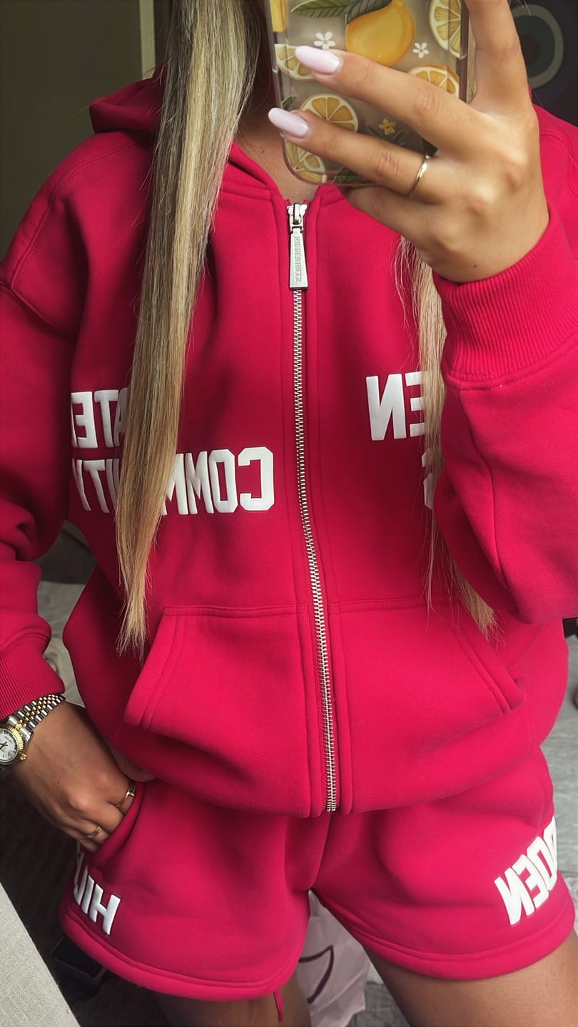 Customer photo review of the GATED COMMUNITY ZIP HOODIE in RASPBERRY RED